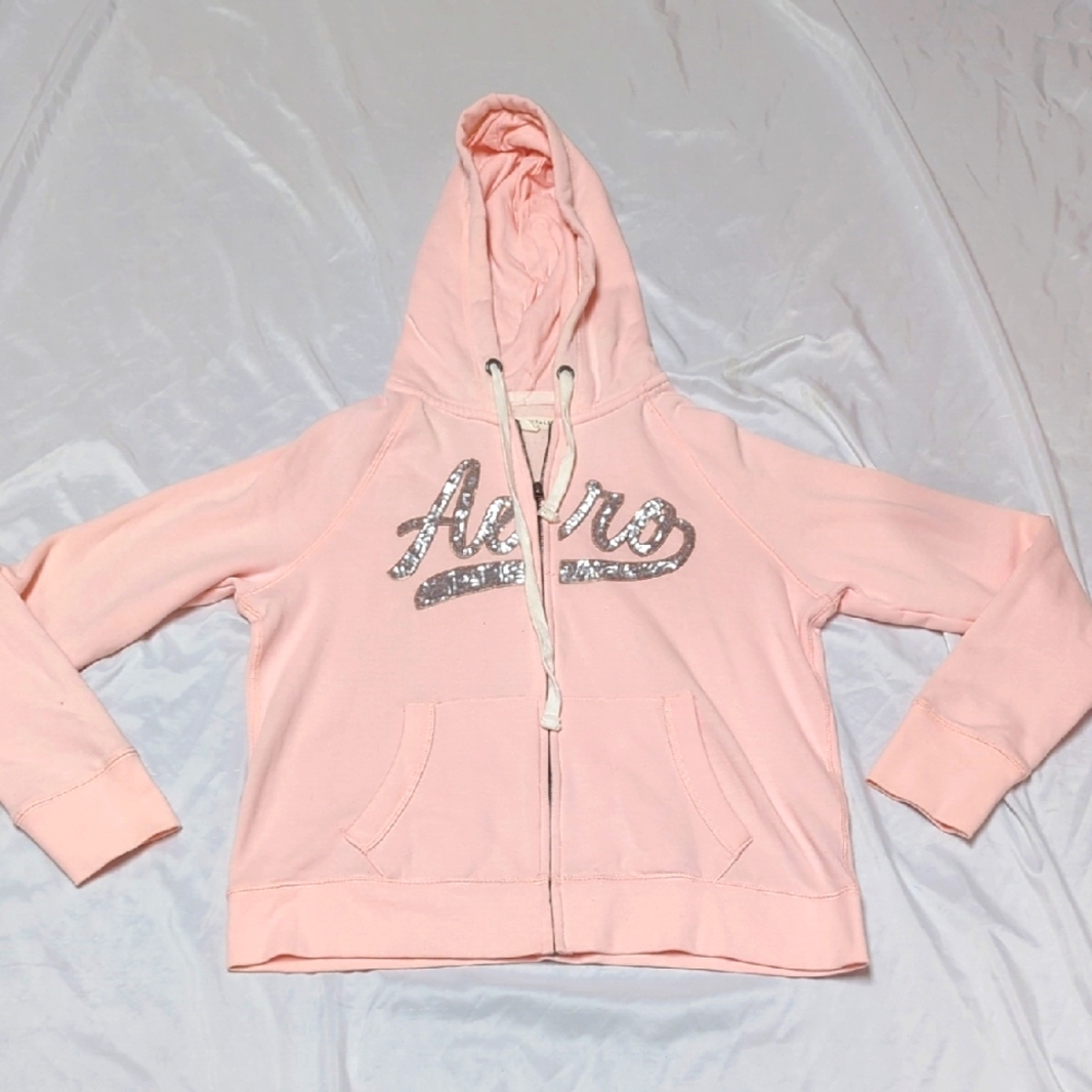 Aeropostale Light Pink Sequin Spell Out Full Zip Fitted Hoodie Hooded Sweatshirt
